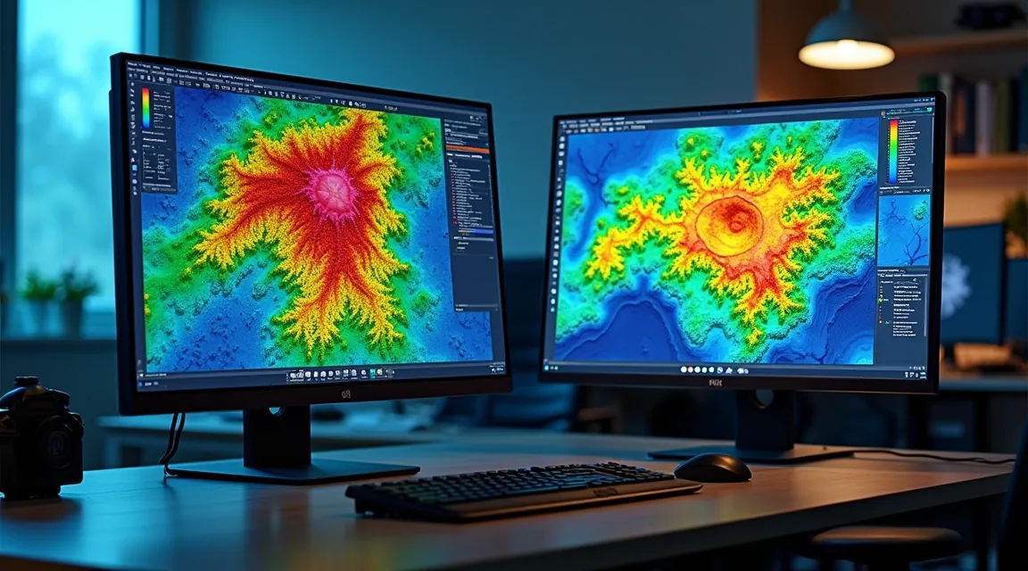 Two monitors on a desk showing dense colour-ramped terrain elevation data and contour linework