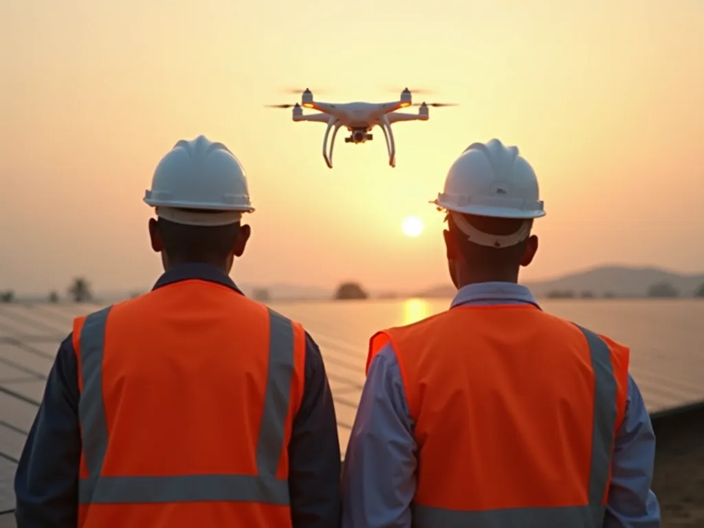 Two survey engineers in hi-vis vests seen from behind watching a survey drone climb over a solar park at sunrise