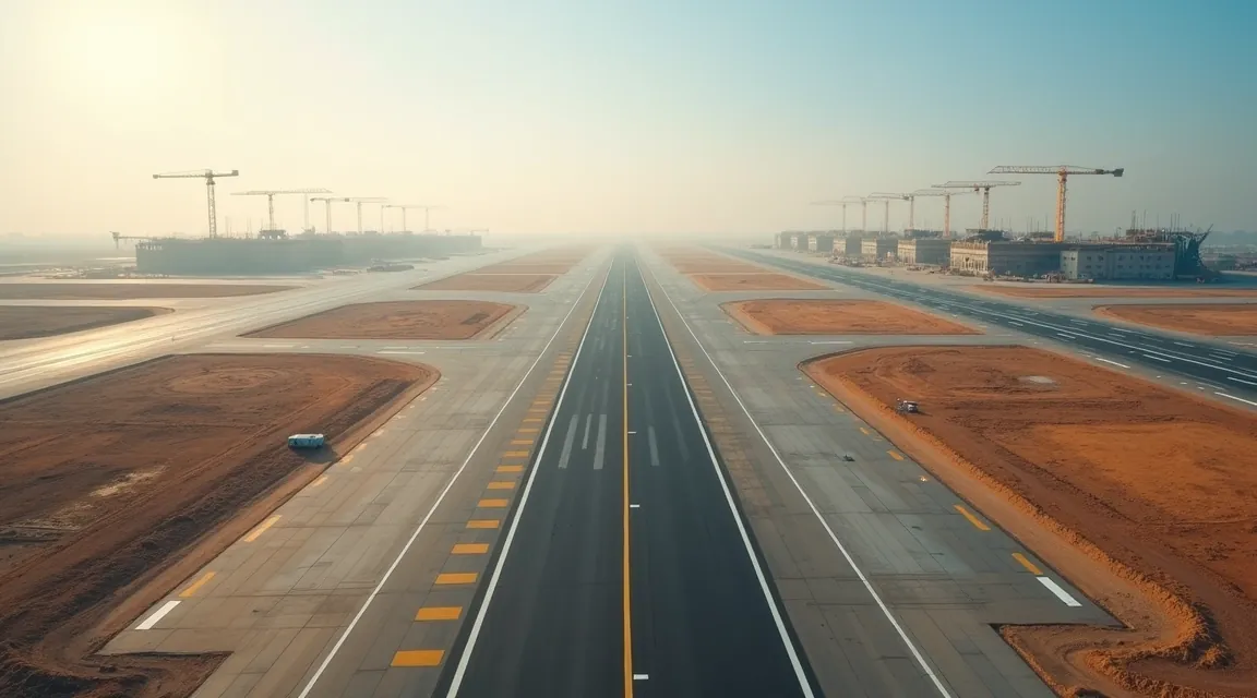 Aerial view of an airport runway and taxiway apron under construction with a terminal shell and cranes