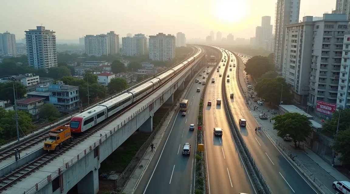 Aerial view of an elevated metro rail viaduct under construction over a wide city arterial road