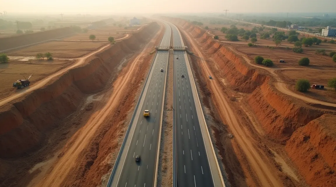 Aerial view of a six lane expressway under construction cutting through dry agricultural land