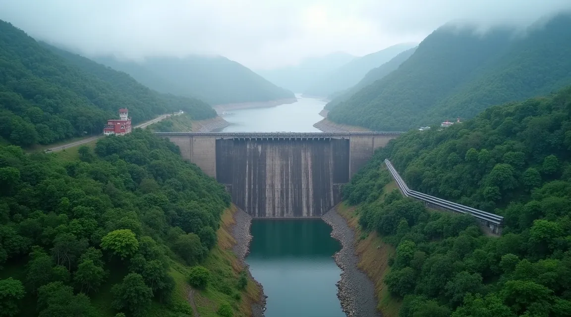 Aerial view of a hydro-electric dam and reservoir surrounded by steep forested slopes in the Western Ghats