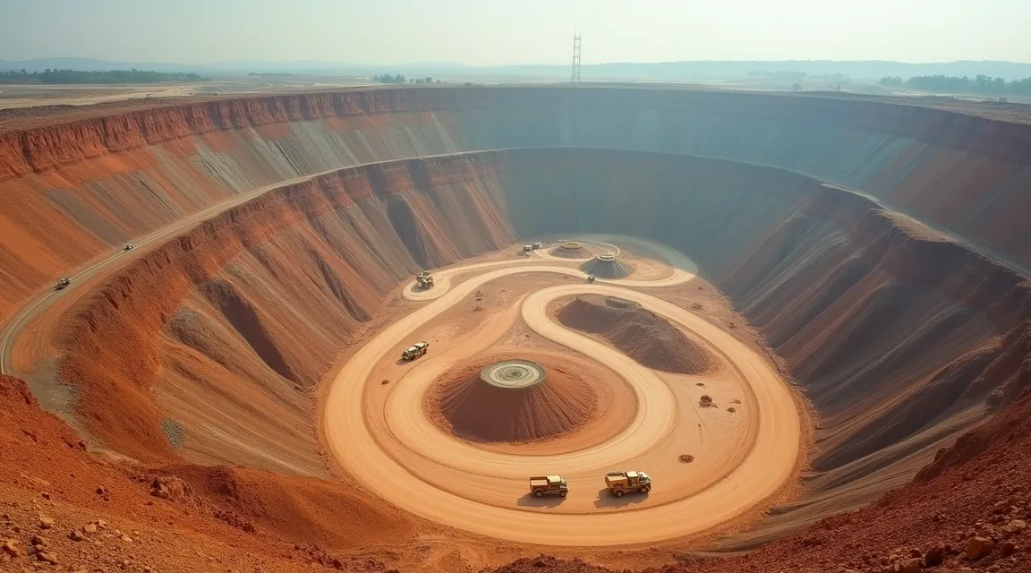 Aerial view of an open pit mine with terraced benches, spiral haul roads and ore stockpiles