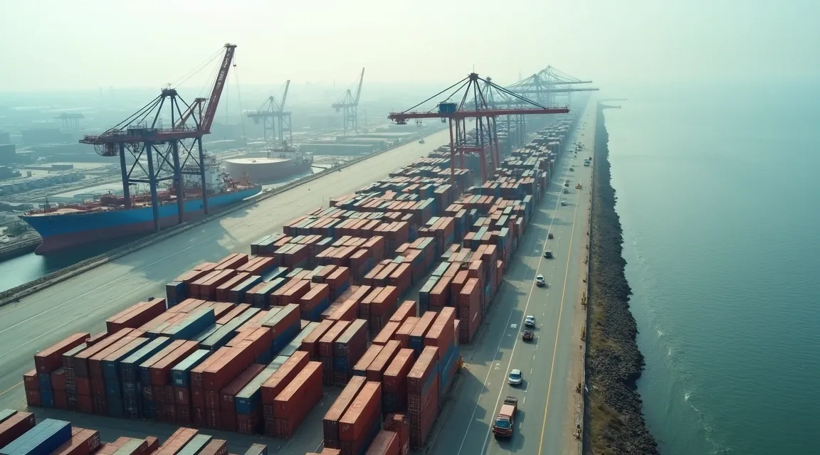 Aerial view of a cargo seaport with container stacks in rows and quay cranes along the berth