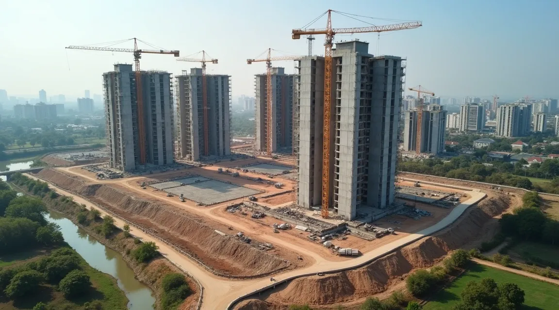 Aerial view of a residential township construction site with concrete tower cores and tower cranes