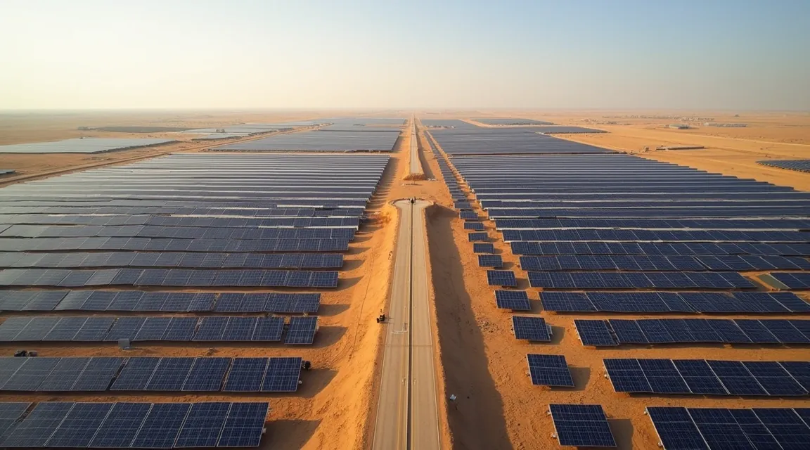 Aerial view of a utility-scale solar park with rows of dark panels stretching across arid flat terrain