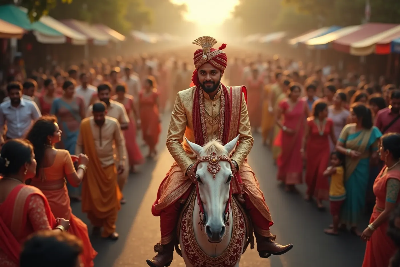 Aerial view of a baraat procession moving along a road towards a venue, groom on a decorated horse