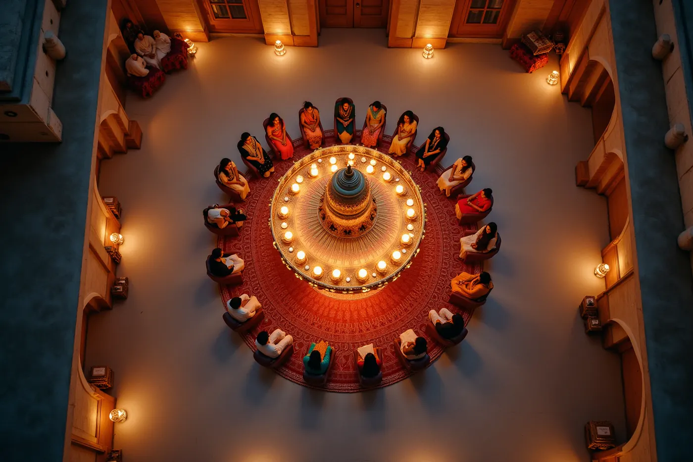 Aerial view of a decorated wedding mandap and seated guests in a palace courtyard at dusk