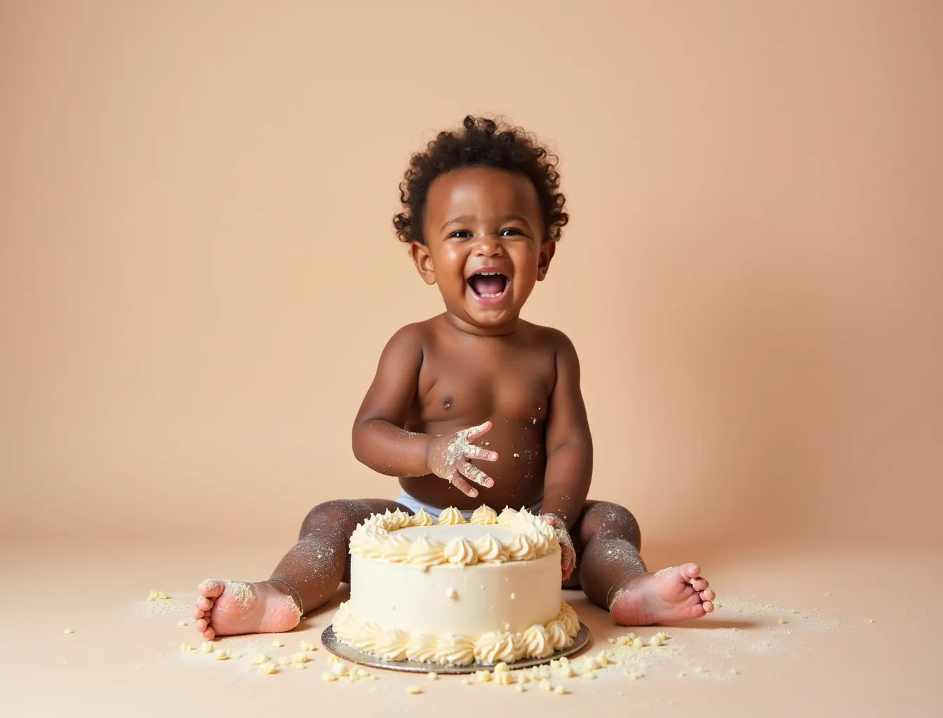Baby covered in cake and frosting laughing during a cake smash session