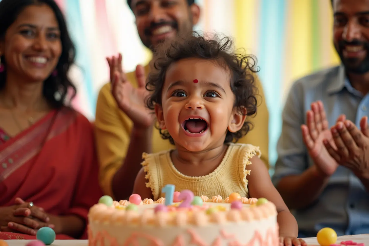 Child mid-laugh at a first birthday party surrounded by family, candid natural light