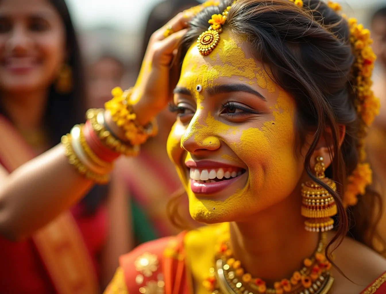 Turmeric being applied to a laughing bride by her cousins during a haldi ceremony
