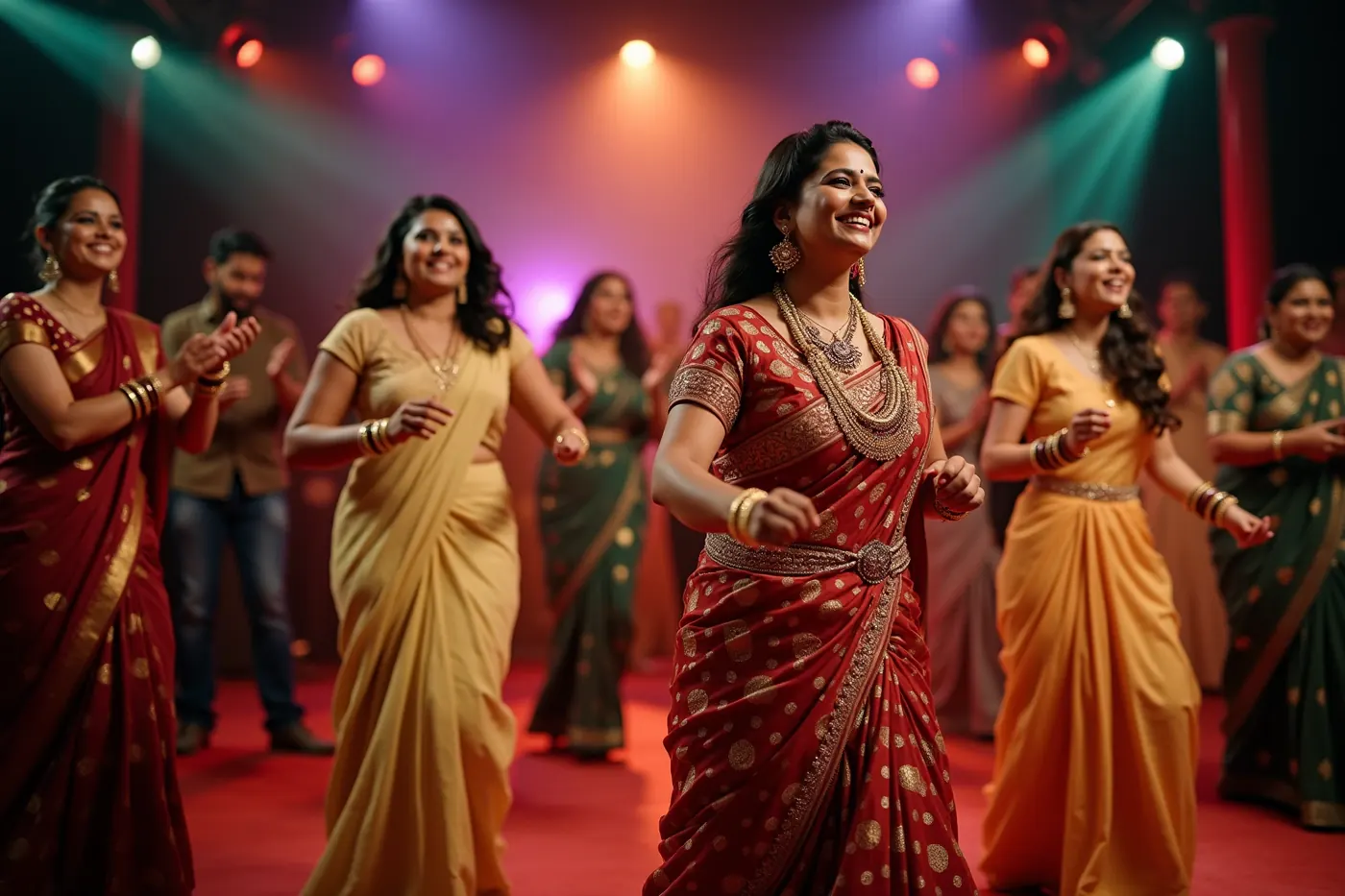 Family members mid-dance performance on a lit stage during a sangeet night