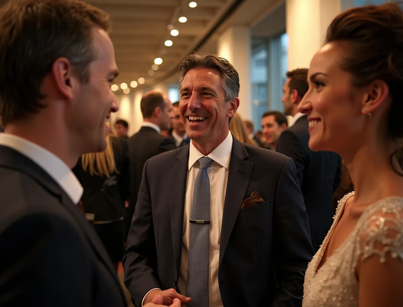Executives and attendees at a product launch event in a modern venue