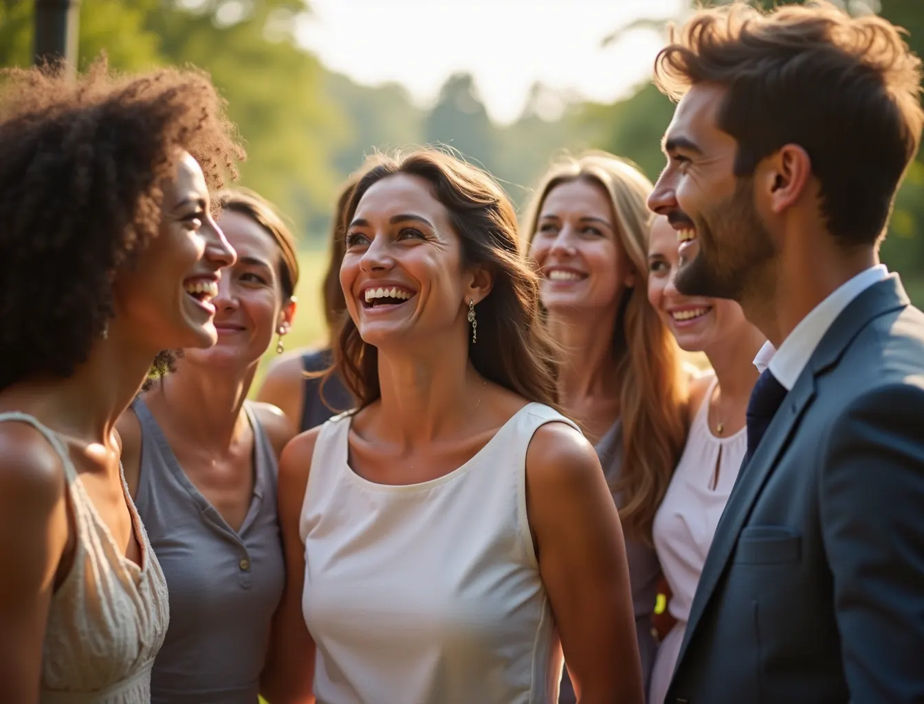Corporate team laughing together during an outdoor company offsite