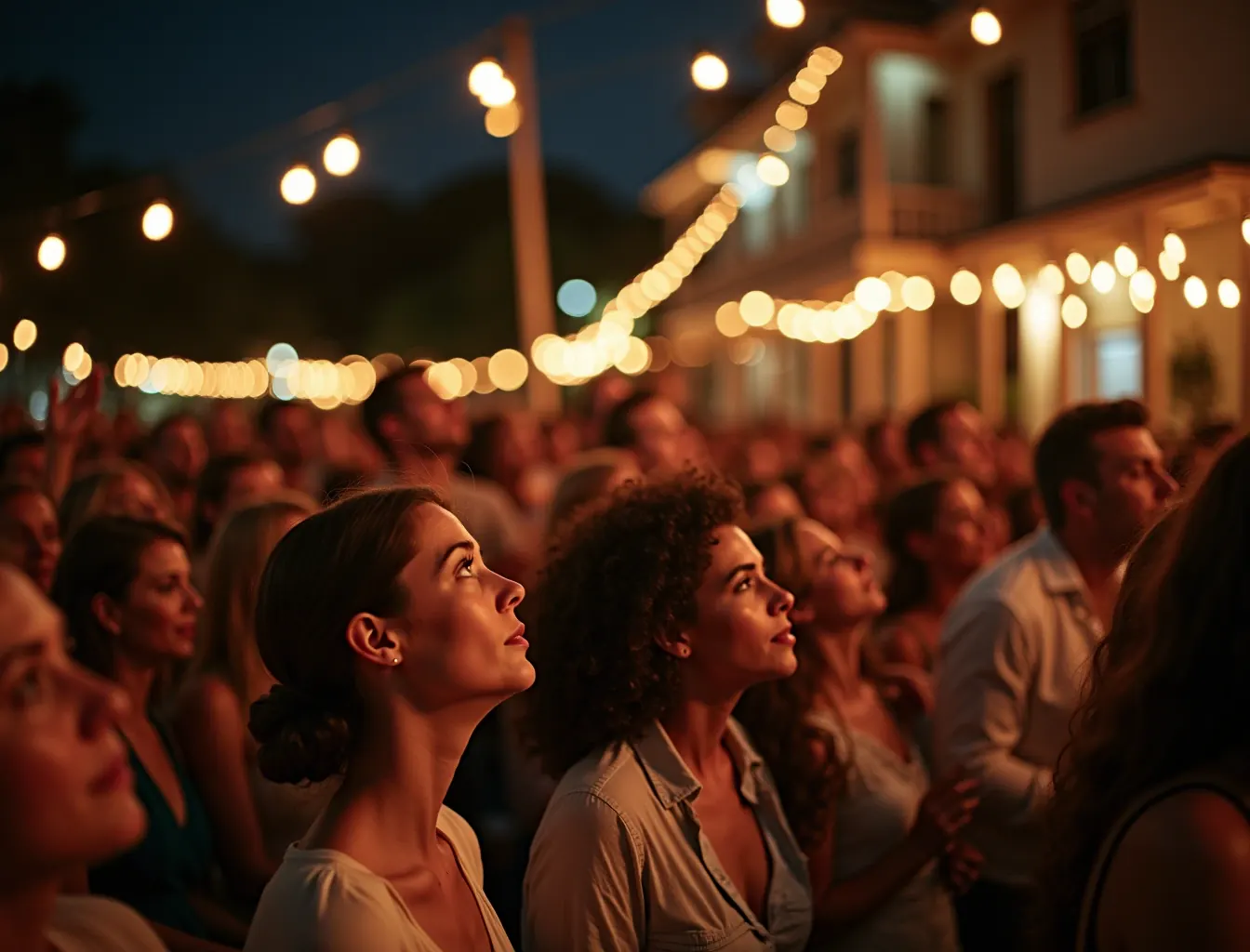 Wedding guests looking up in wonder at a drone light show, faces lit from above