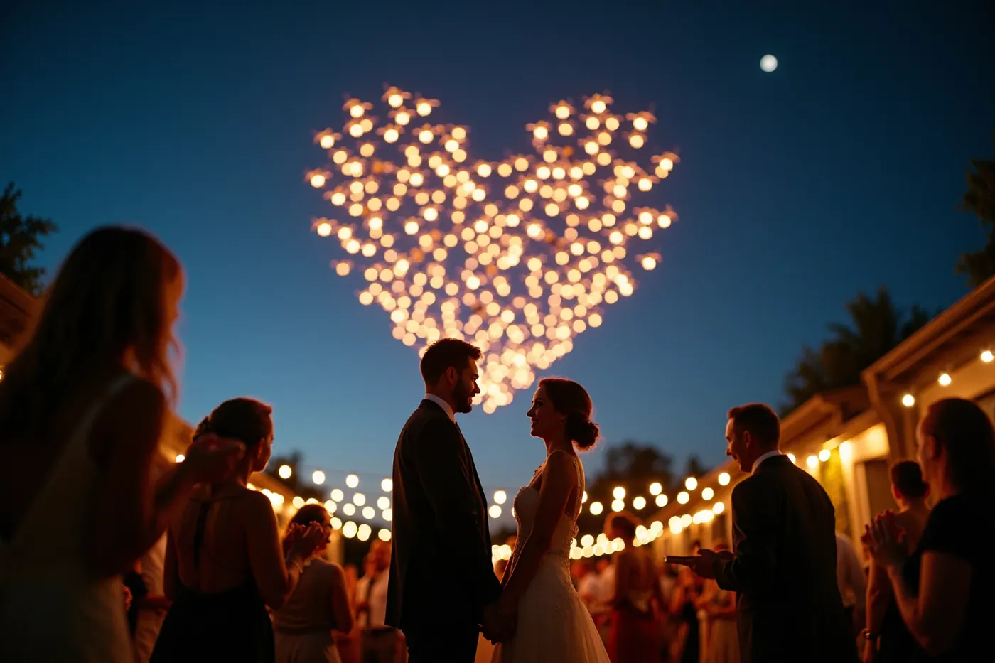 Swarm of lit drones forming a heart shape in the night sky above a wedding reception