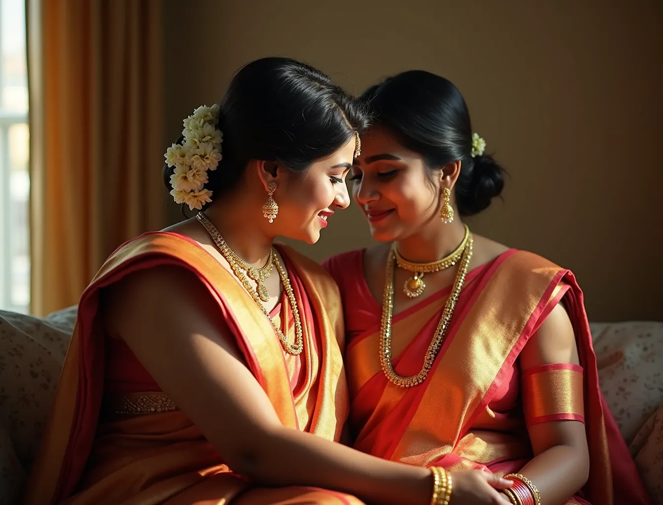 Couple in traditional silk wedding attire sharing a quiet private moment away from the crowd