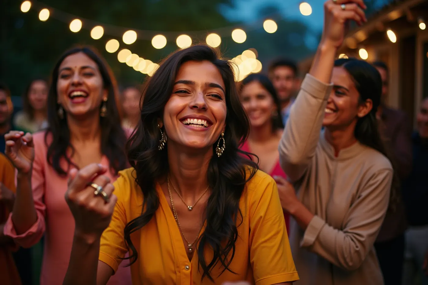 Wedding guests dancing joyfully at an outdoor reception at night under string lights
