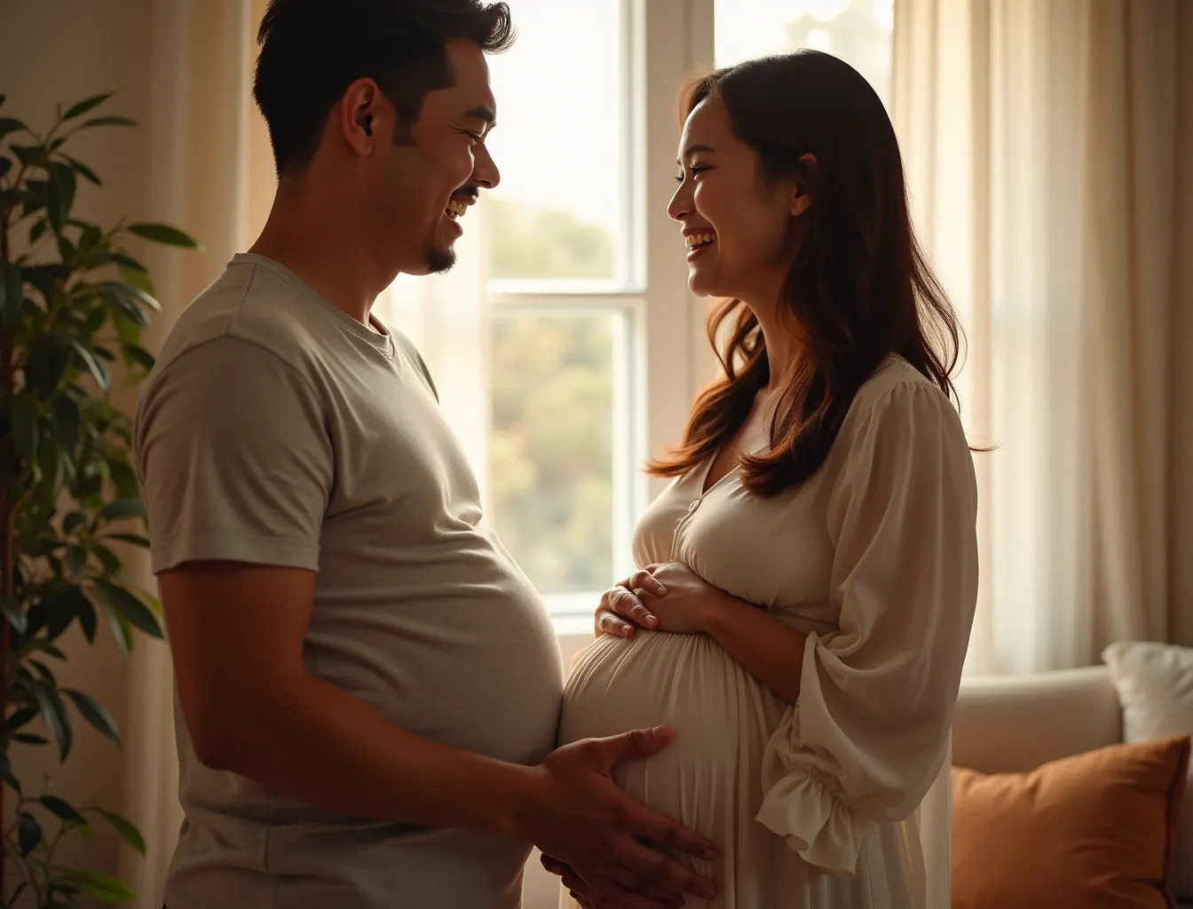 Expectant couple at home, partner's hands resting over hers on the bump, both laughing