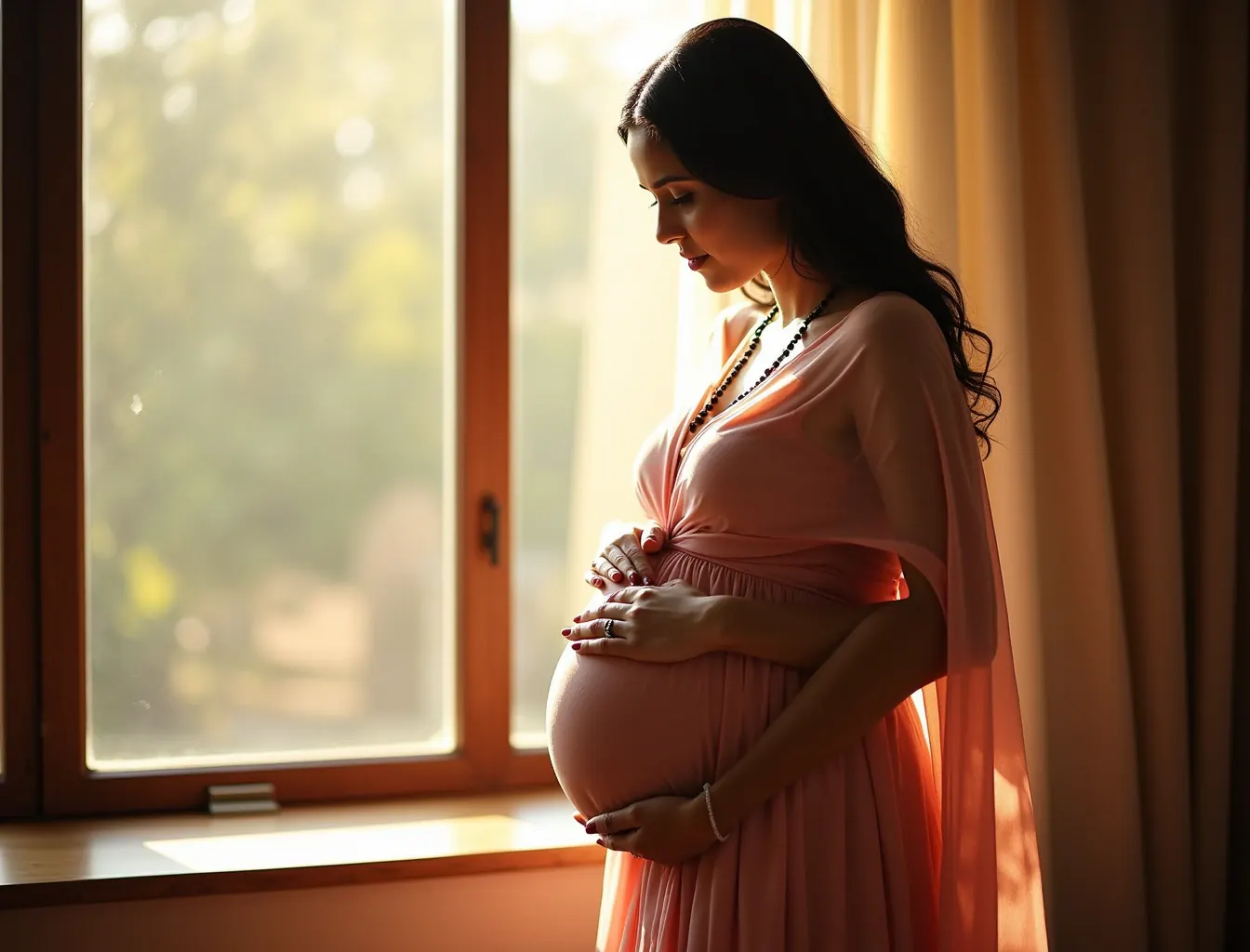 Expectant mother by a window in soft natural light during a maternity photography session