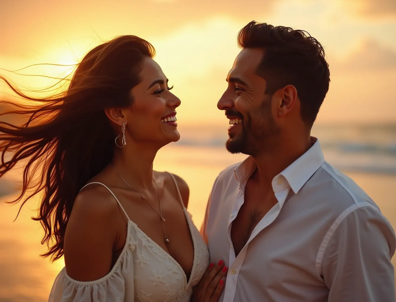 Couple laughing on a beach at sunset during an engagement shoot, wind in her hair