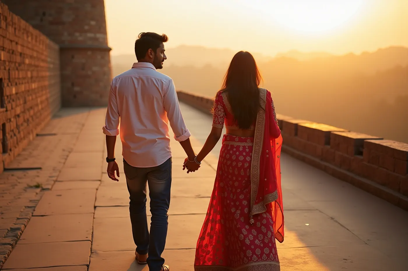 Engaged couple walking together on a fort rampart at golden hour during a pre-wedding shoot