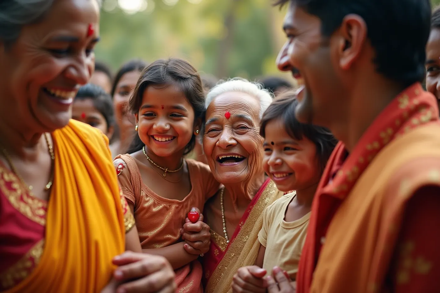 Multi-generational family laughing together at a wedding, candid unposed moment