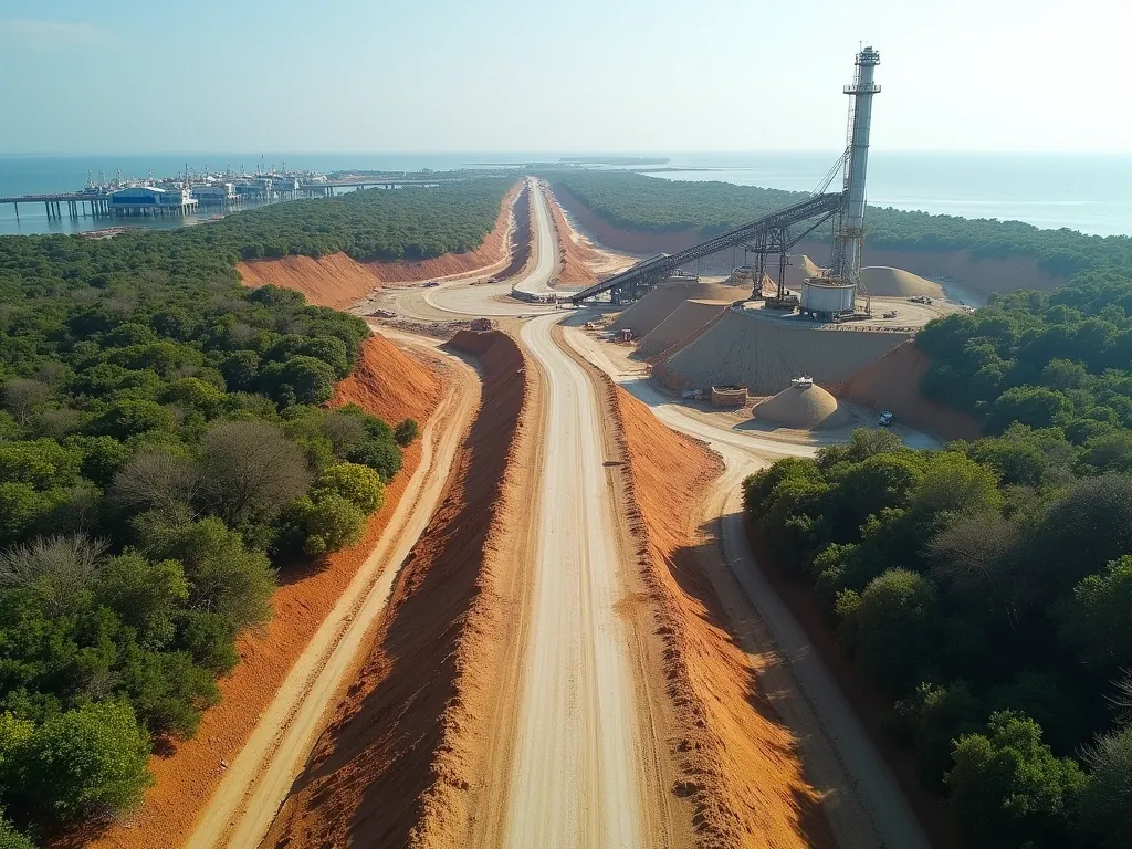 Aerial view of a graded gravel haul road cut through coastal scrub towards a stone crusher plant near the sea