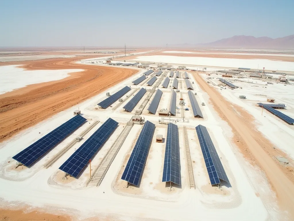 Aerial view of solar module rows being installed in a grid across white salt-crusted desert terrain in Kutch