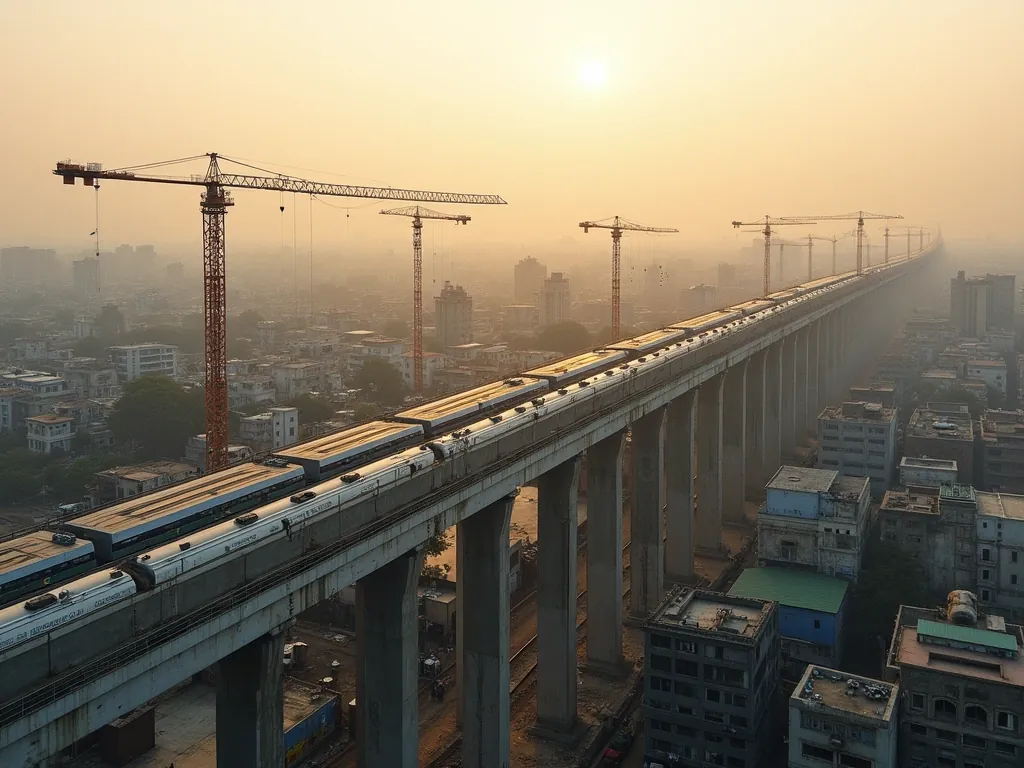 Aerial view of an elevated high-speed rail viaduct on precast piers running through a dense Indian city at sunrise