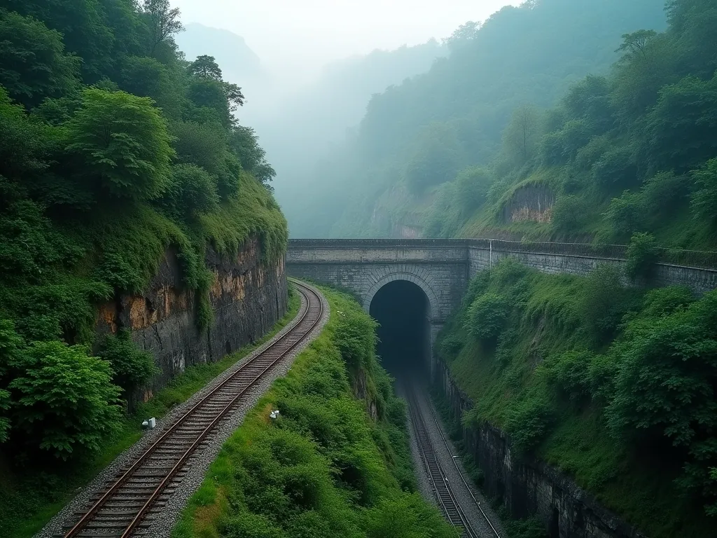 Railway line curving through steep forested ghat mountains towards a stone tunnel portal, seen from above