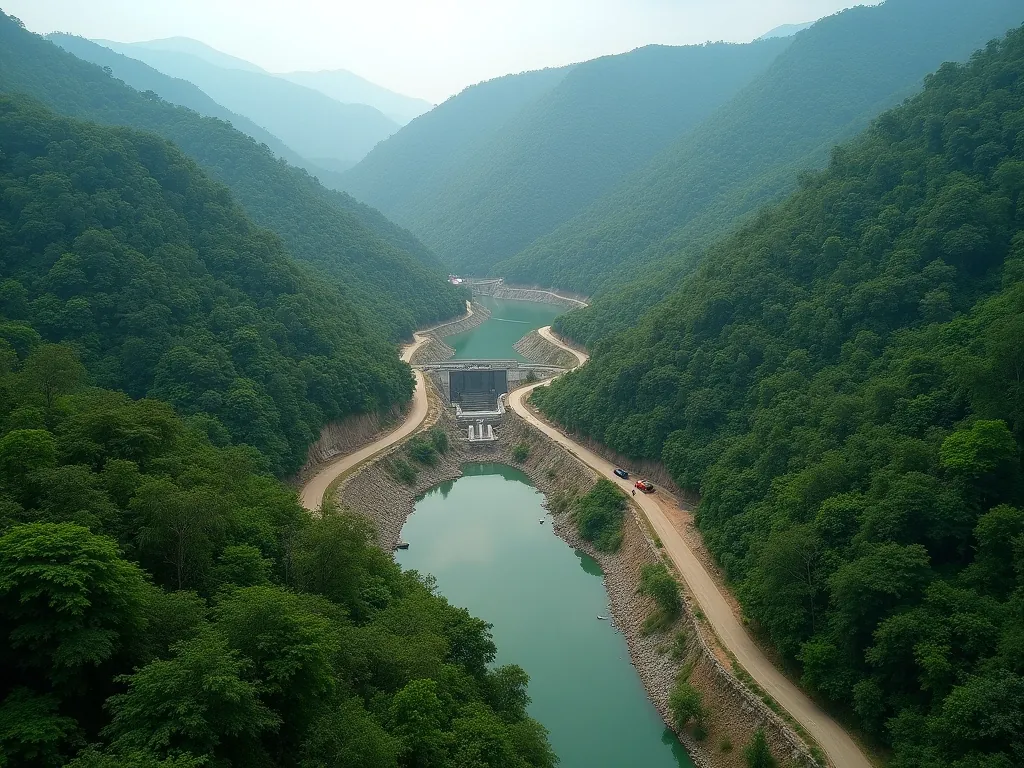 Aerial view of a reservoir and access roads cut into densely forested hills at a hydro-electric project site
