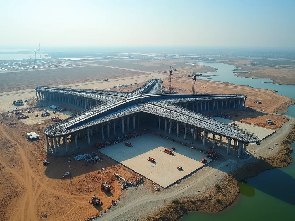 Aerial view of a new airport terminal under construction on flat coastal land, roof steelwork and tower cranes in place