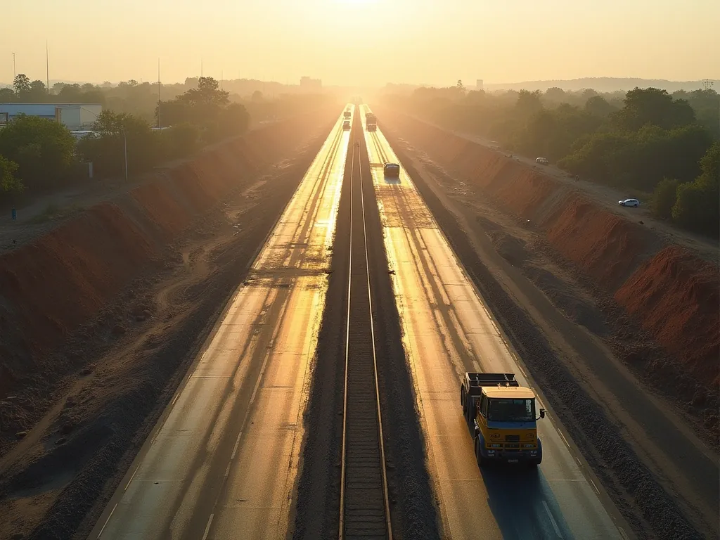 Aerial view along a national highway widening project with new lanes under construction beside the existing carriageway
