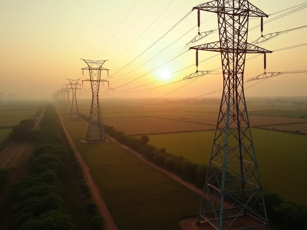 Steel lattice transmission towers receding in a straight line to the horizon across farmland at sunset